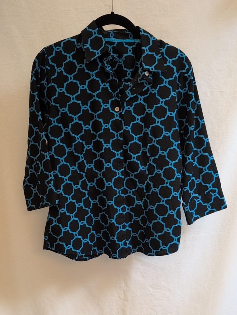 Foxcroft Arabesque Pattern Blue Black Cotton Button Down Sz M